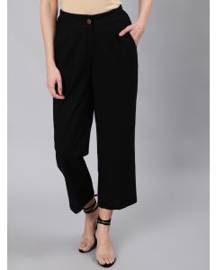 Black Cotton Slub Straight High Rise Bottom-Fold Pants