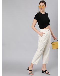 Off White Cotton Slub Straight High Rise Bottom-Fold Pants