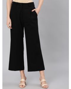 Black Cotton Slub Flared High Rise Parallel Pants