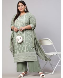 Plus Size Olive Green Placement Printed Straight Kurta With Solid Palazzo And Chinon Dupatta