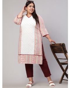 Plus Size White and Maroon Ethnic Printed Straight Kurta