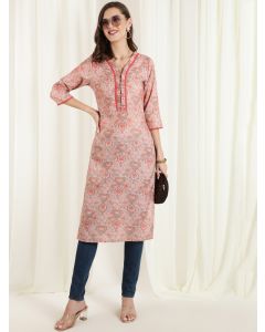 Ethnic Printed Peach Straight Kurta With Lace