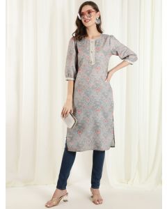 Grey Mirror Work Printed Straight Kurta