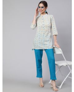 White Printed Cotton Straight Short Kurta With Turquoise Pants