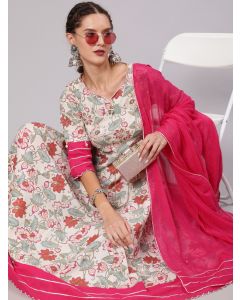 Embellished White And Pink Floral Printed Anarkali Kurta With Pants and Dupatta