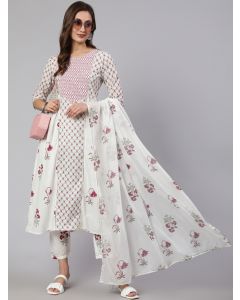 White & Magenta Pink Ethnic Printed Flared Kurta With Pants & Dupatta