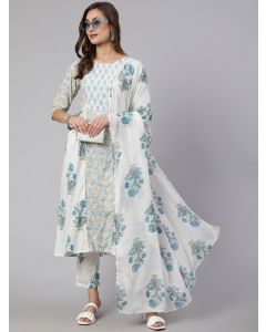 White & Turquoise Blue Ethnic Printed Flared Kurta With Pants & Dupatta