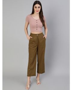 Olive Cotton Slub Straight High Rise Bottom Fold Pants