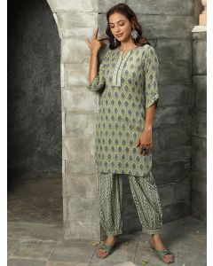 Olive Green Ethnic Motif Printed Straight Kurta With Zig-zag Printed Afghani Salwar