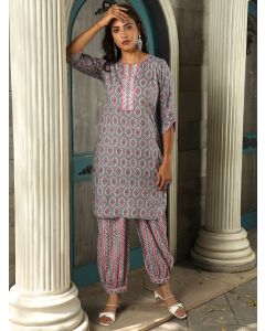 Grey Ethnic Motif Printed Straight Kurta With Zig-Zag Printed Afghani Salwar
