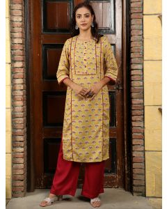 Lotus Print Mustard Straight Kurta