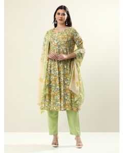 Embroidered Pure Cotton Floral Flared Kurta Sets With Dupatta-JAIPURRR-1 Green