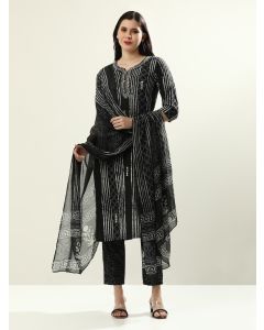 Embroidered Pure Cotton Striped Kurta Sets With Dupatta-JAIPURRR-13 Black