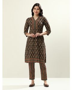 Printed Floral Pure Cotton Kurta Sets-JAIPURRR-15 Black