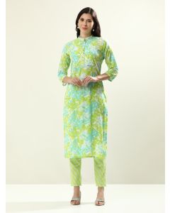 Printed Floral Pure Cotton Kurta Sets-JAIPURRR-16 Green