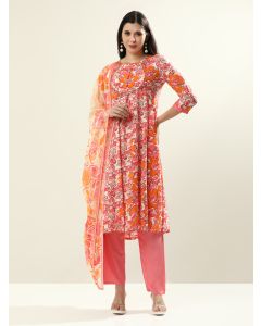 Embroidered Pure Cotton Floral Flared Kurta Sets With Dupatta-JAIPURRR-2 Pink
