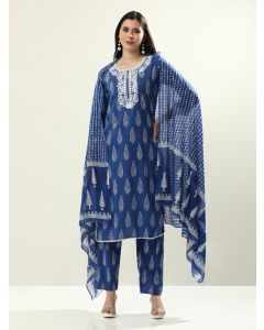 Yoke Design Pure Cotton Floral Kurta Sets With Dupatta-JAIPURRR-20 Blue