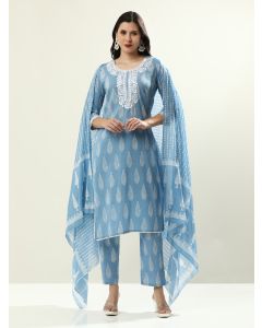 Yoke Design Pure Cotton Floral Kurta Sets With Dupatta-JAIPURRR-21 Light Blue
