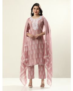 Yoke Design Pure Cotton Floral Kurta Sets With Dupatta-JAIPURRR-22 Pink