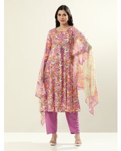 Embroidered Pure Cotton Floral Flared Kurta Sets With Dupatta-JAIPURRR-3 Purple
