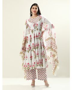 Embroidered Pure Cotton Floral Flared Kurta Sets With Dupatta-JAIPURRR-7 White