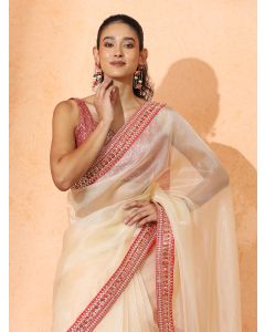 Embellished Organza Saree with Unstiched Blouse-JJ URMILA Beige