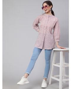 White & Magenta Printed Pleated Top