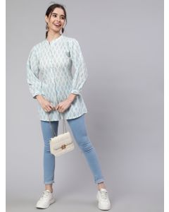 White & Turquoise Blue Printed Pleated Top
