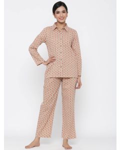 Women Cotton Ethnic Printed Beige Night Suit