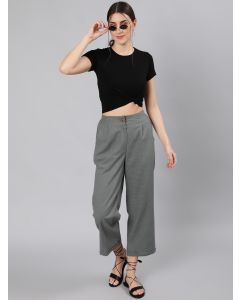 Grey Cotton Slub Straight High Rise Bottom-Fold Pants