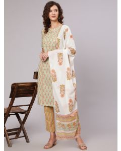 A Green Straight Ethnic Printed Gota Embellished Kurta With Printed Pants And Dupatta