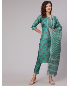 Women Tussar Silk Digital Printed Zari Embroidered Kurta With Palazzo And Dupatta