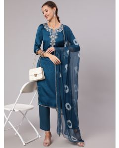 Teal Silk Jacquard Embroidered Straight Kurta With Pants & Tie-Dye Chiffon Dupatta
