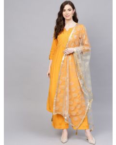 Women Mustard Yellow & Grey Yoke Design Kurta With Palazzos & Dupatta