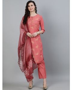 Pink Ethnic Motifs Print Silk Blend Kurta With Pants & Dupatta