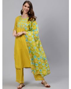 Mustard Solid Embroidered Poly Silk Kurta With Palazzos & Chanderi Dupatta