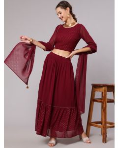 Maroon Georgette Gold Print Embellished Lehnga Has Crop Top, Skirt And Dupatta