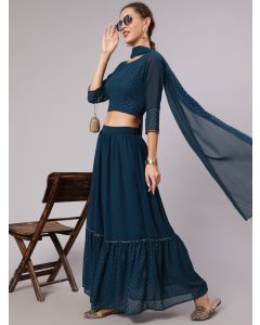Blue Georgette Gold Print Embellished Lehnga Has Crop Top, Skirt And Dupatta