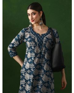 Floral Embroidered Straight Pure Cotton Kurta-JKSR1002 Navy Blue