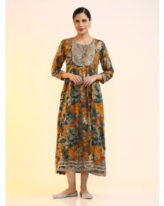 Embroidered Floral Flared Ethnic dresses-JKSR102 Brown