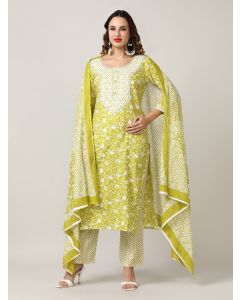 Embroidered Pure Cotton Floral Kurta Sets With Dupatta-JKSR20 Light Green