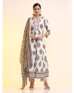 Embroidered Pure Cotton Floral Kurta Sets With Dupatta-JKSR21 White-M