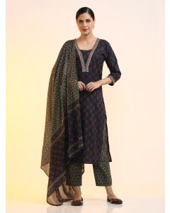 Embroidered Pure Cotton Floral Kurta Sets With Dupatta-JKSR24 Navy Blue