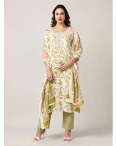 Embroidered Pure Cotton Floral Kurta Sets With Dupatta-JKSR26 Off White-L
