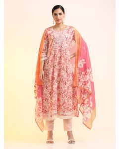 Embroidered Pure Cotton Floral Kurta Sets With Dupatta-JKSR26 Peach-L