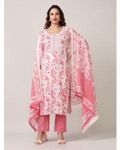 Embroidered Pure Cotton Floral Kurta Sets With Dupatta-JKSR26 Pink-L