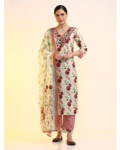 Embroidered Pure Cotton Floral Kurta Sets With Dupatta-JKSR28 Cream-S