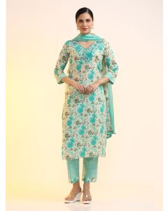 Embroidered Pure Cotton Floral Kurta Sets With Dupatta-JKSR28 Sky Blue-S