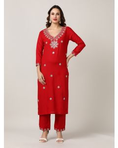 Embroidered Floral Straight Kurta Sets-JKSR29 Maroon
