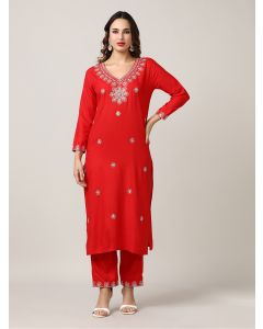 Embroidered Floral Straight Kurta Sets-JKSR29 Red